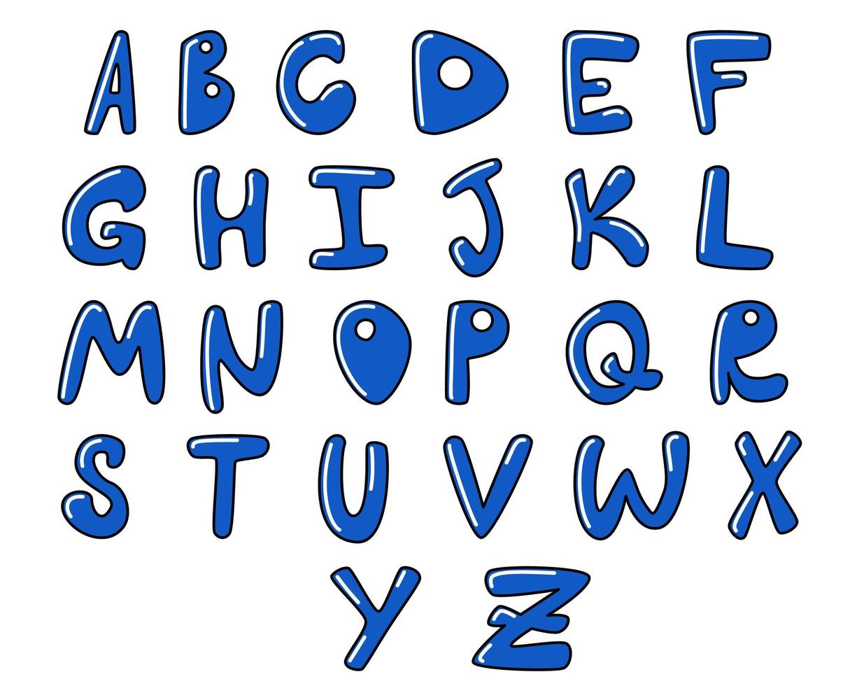 blaues englisches Alphabet im Doodle-Stil mit Hervorhebungen, hervorgehoben vektor