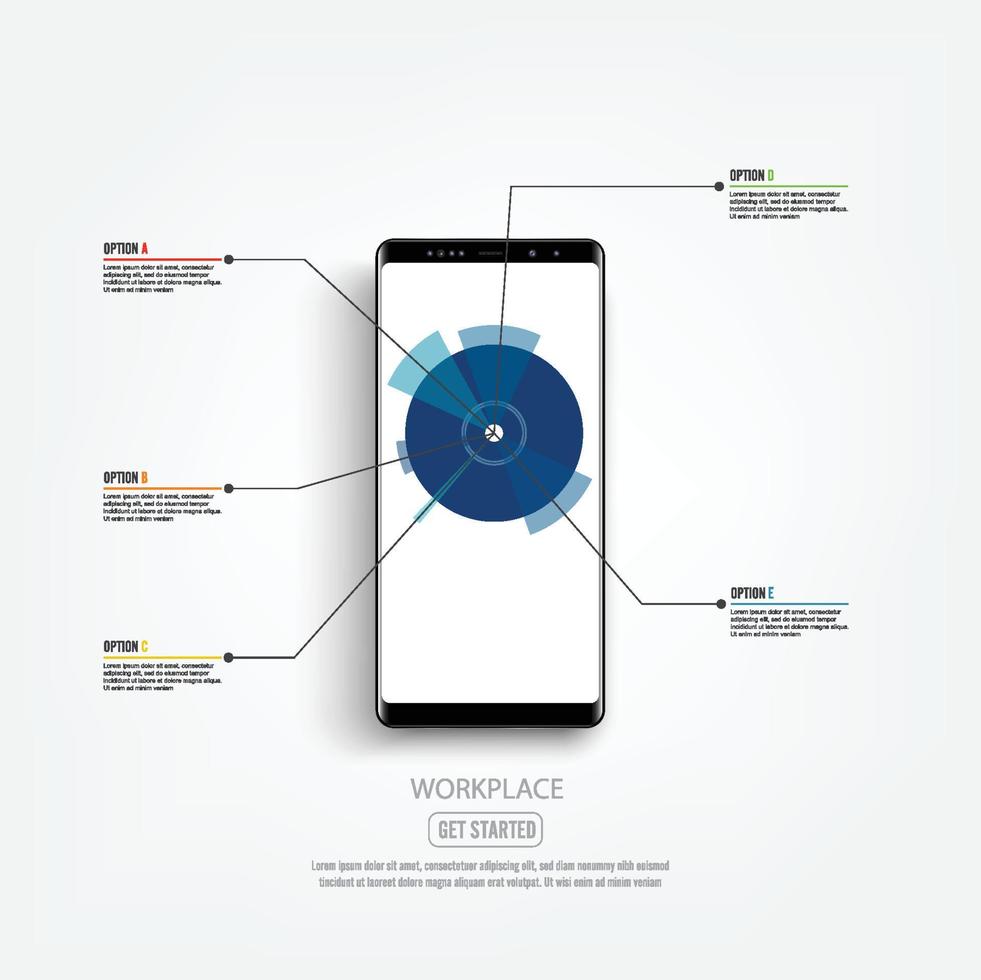 schwarzes Smartphone-Modell mit Infografik-Bildschirm. kann für Workflow-Layout, Diagramm, Optionen für Geschäftsschritte, Banner und Webdesign verwendet werden. vektor