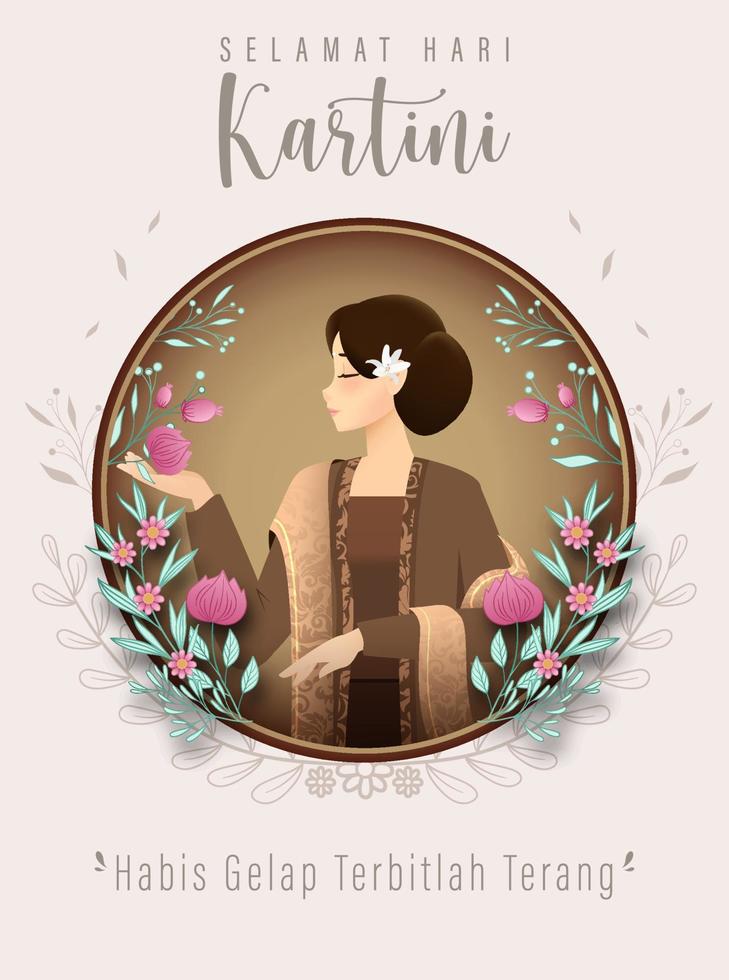 selamat hari kartini betyder glad kartini-dag. kartini är en indonesisk kvinnlig hjälte. habis gelap terbitlah terang betyder efter mörkret kommer ljus. vektor illustration