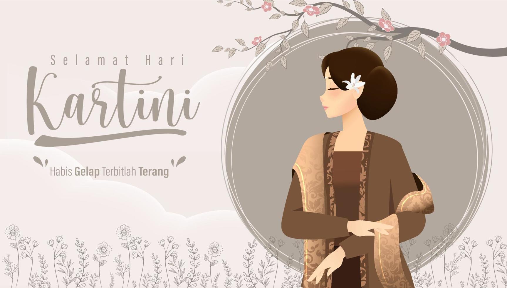 selamat hari kartini betyder glad kartini-dag. kartini är en indonesisk kvinnlig hjälte. habis gelap terbitlah terang betyder efter mörkret kommer ljus. vektor illustration