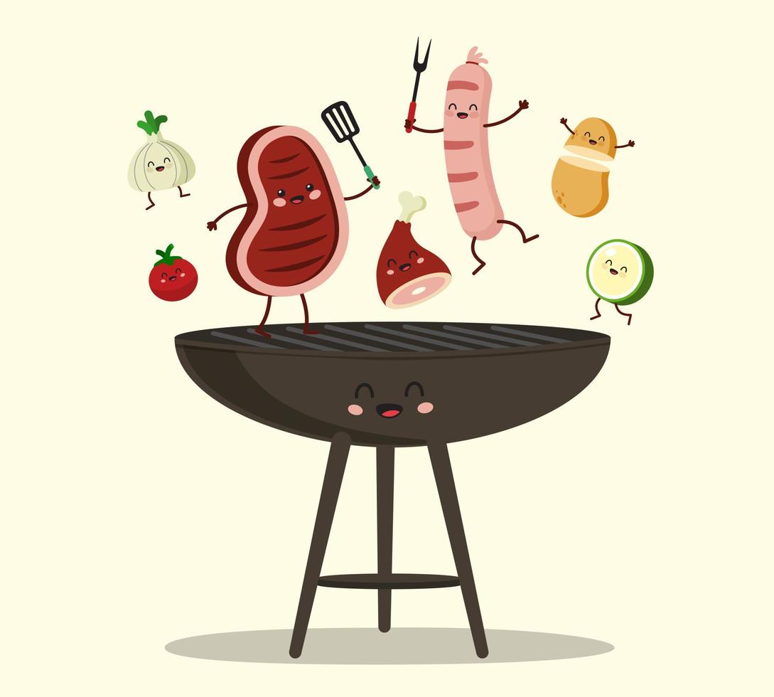 roliga karaktärer blandade utsökt grillat kött med grönsaker över kolen på grillen vektor