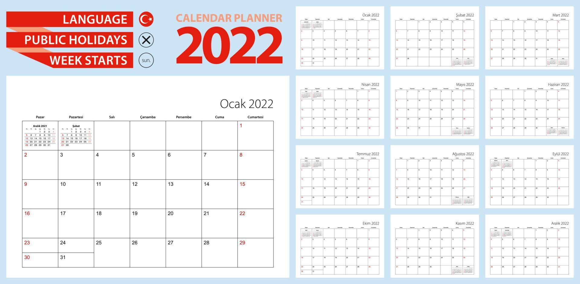 Türkischer Kalenderplaner für 2022. Türkische Sprache, Woche beginnt am Sonntag. Vektorvorlage. vektor