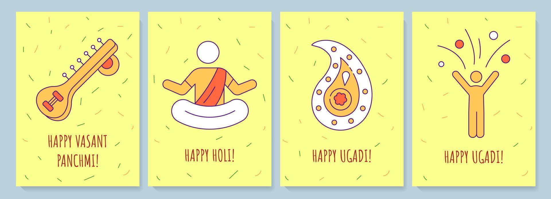 feiern indische feiertagsgrußkarten mit farbikonenelementsatz. Postkarten-Vektordesign. dekorativer flyer mit kreativer illustration. notecard mit glückwunschbotschaft auf gelb vektor