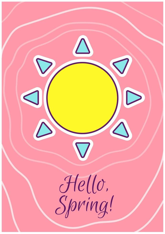 hej våren gratulationskort med färg ikon element. säsongsbetonade hälsningar. vykort vektor design. dekorativa flygblad med kreativ illustration. anteckningskort med gratulationsmeddelande på rosa