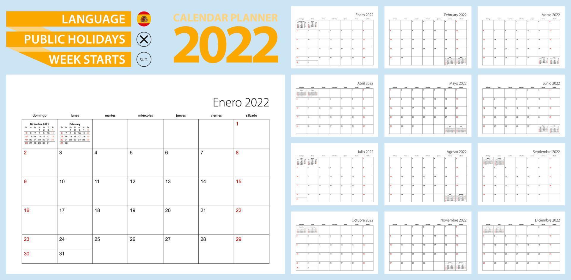 Spanischer Kalenderplaner für 2022. Spanische Sprache, Woche beginnt am Sonntag. vektor