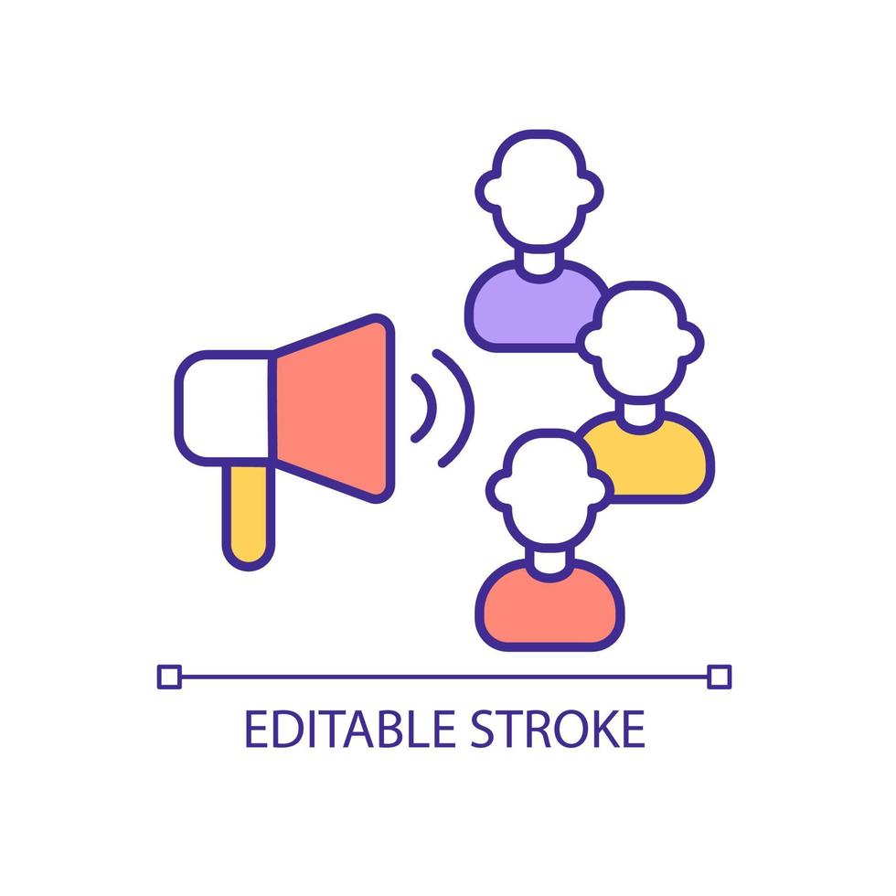 social reklam rgb färgikon. händelsemeddelande. engagera nya kunder. företagsfrämjande. isolerade vektor illustration. enkel fylld linjeritning. redigerbar linje. arial teckensnitt som används