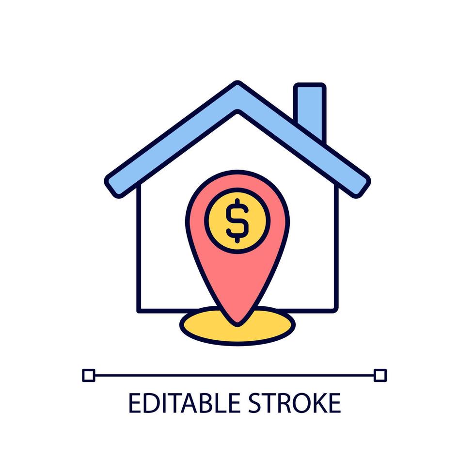 fastighetsläge uppskattning rgb färgikon. fastighetstaxering. infrastruktur och utsikt. fastighetsförsäljning. isolerade vektor illustration. enkel fylld linjeteckning. redigerbar linje. arial teckensnitt som används