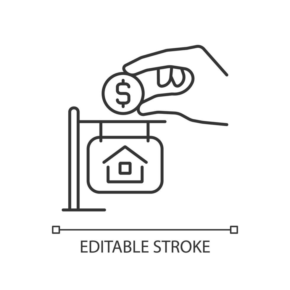 handpenning linjär ikon. kontantbelopp. lån för husköp. fastighet. fastighetsförsäljning. tunn linje illustration. kontur symbol. vektor konturritning. redigerbar linje. arial teckensnitt som används