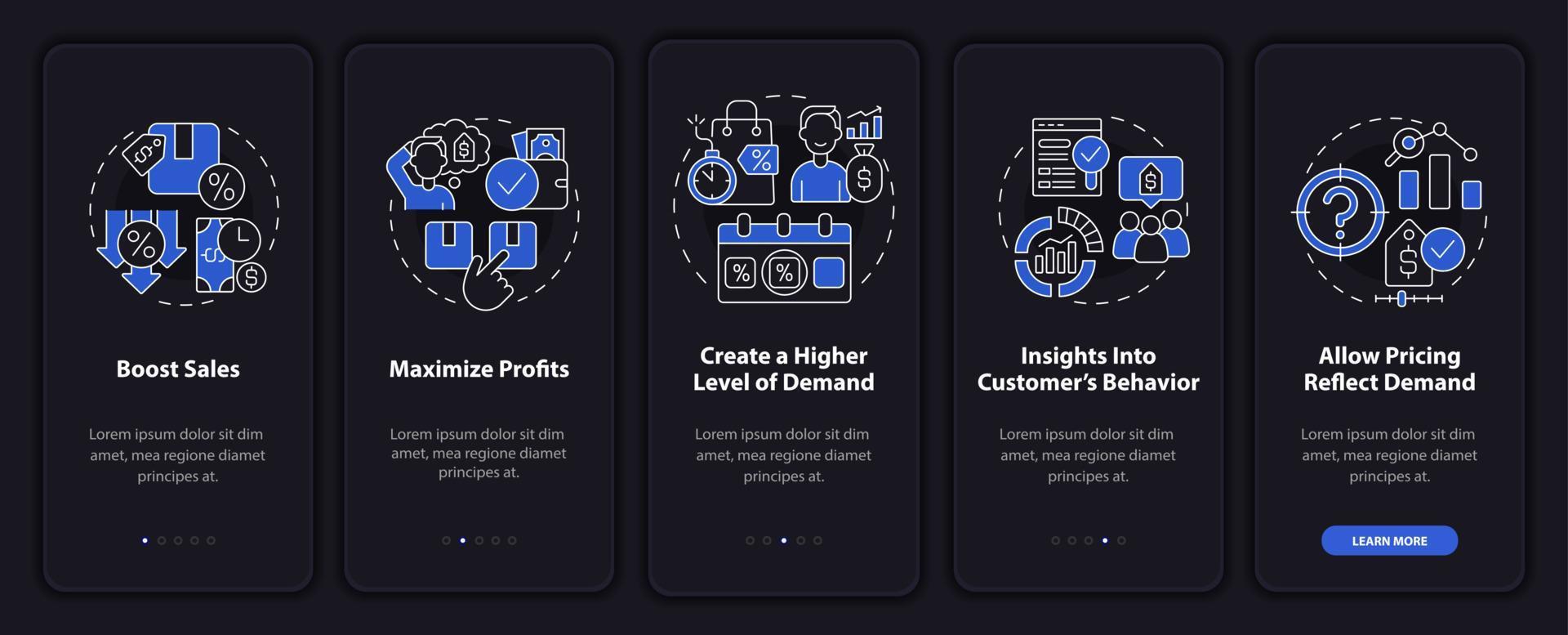 dynamisk prissättning fördelar nattläge på mobilappskärmen. genomgång 5 steg grafiska instruktioner sidor med linjära koncept. ui, ux, gui mall. otaliga pro-fet, vanliga typsnitt som används vektor