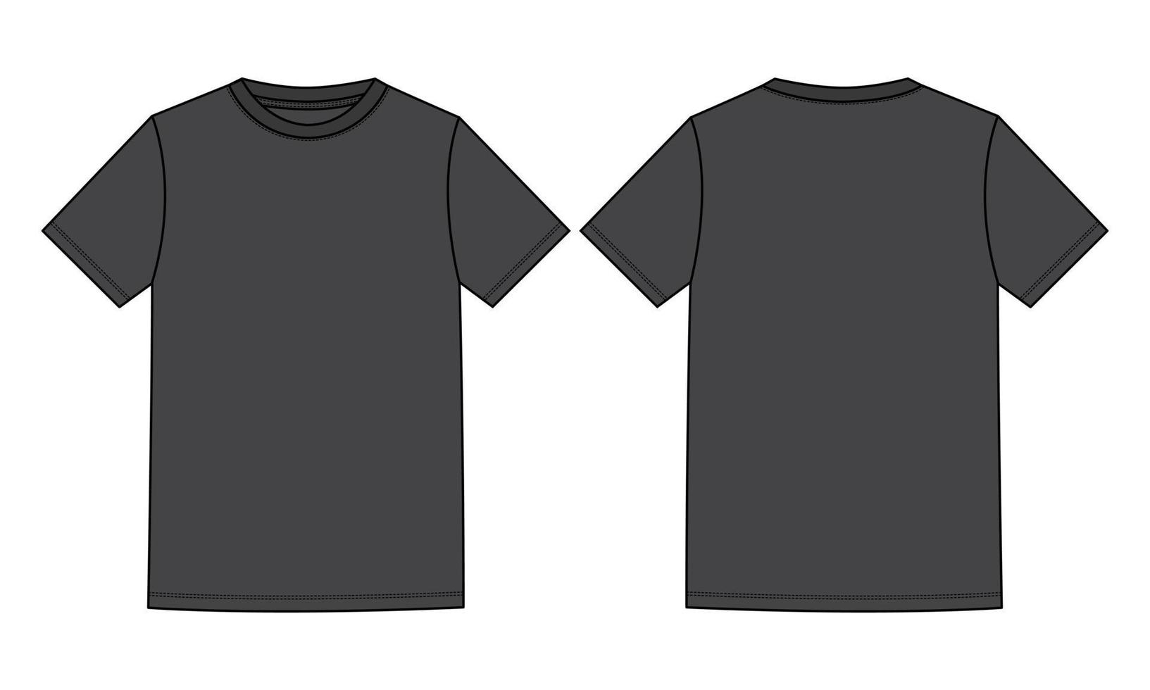 kortärmad grundläggande t-shirt tekniskt mode platt skiss vektorillustration svart färg mall fram- och bakvyer isolerade på vit bakgrund. vektor