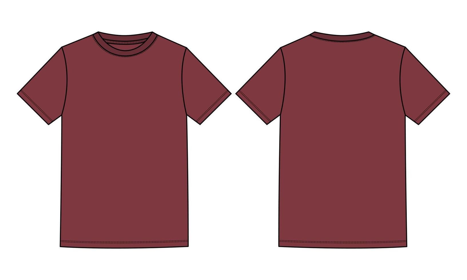 kortärmad grundläggande t-shirt tekniskt mode platt skiss vektorillustration djupröd färg mall fram- och bakvyer isolerad på vit bakgrund. vektor