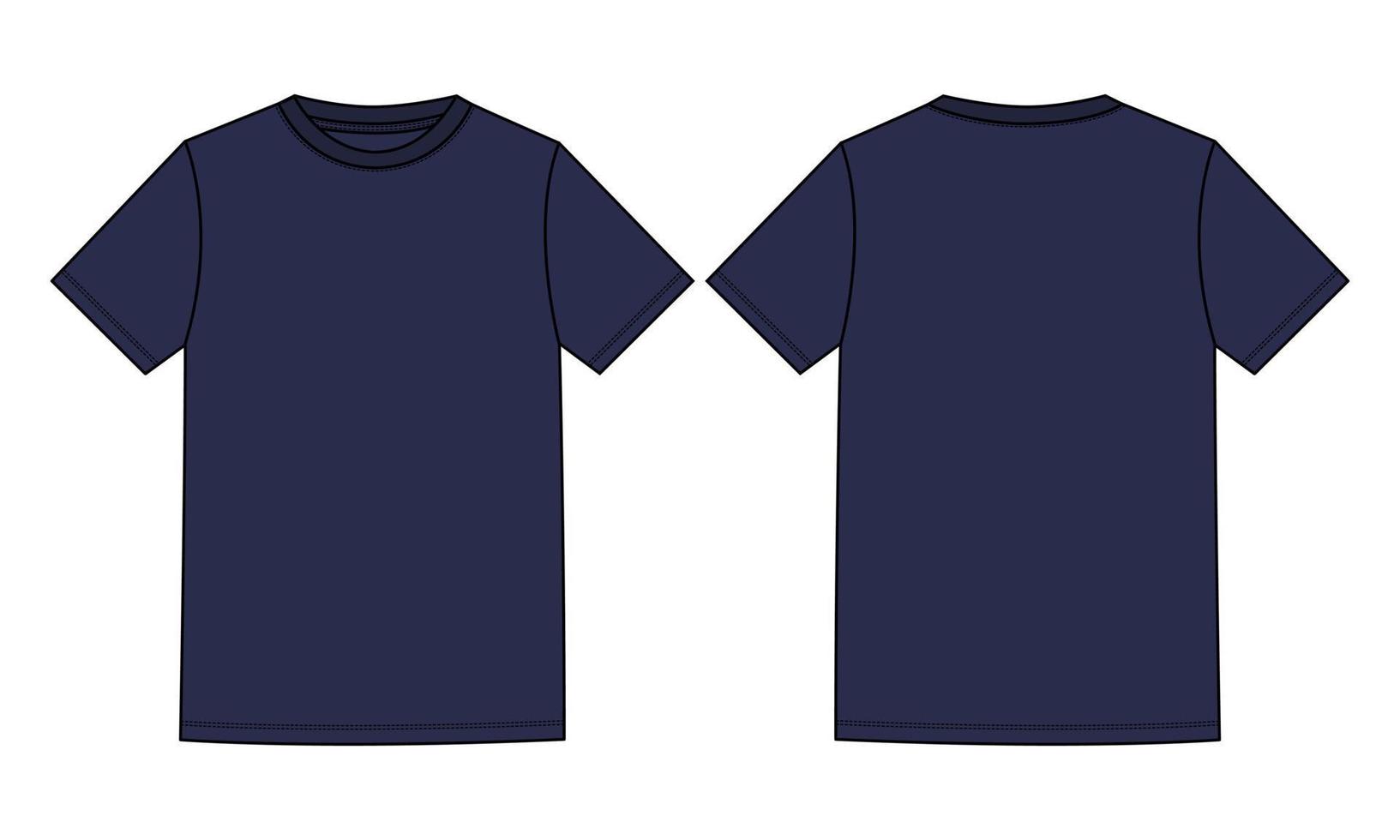 Kurzarm-Basic-T-Shirt, technische Mode, flache Skizze, Vektorgrafik, Marine-Farbvorlage, Vorder- und Rückansichten einzeln auf weißem Hintergrund. vektor