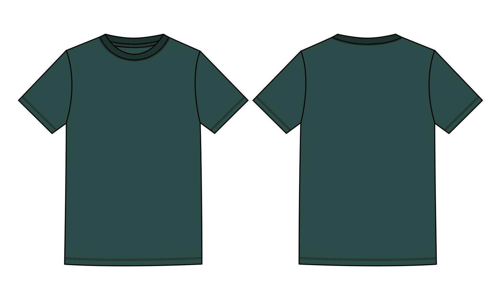 kortärmad grundläggande t-shirt tekniskt mode platt skiss vektorillustration grön färg mall fram- och baksidan vyer isolerad på vit bakgrund. vektor