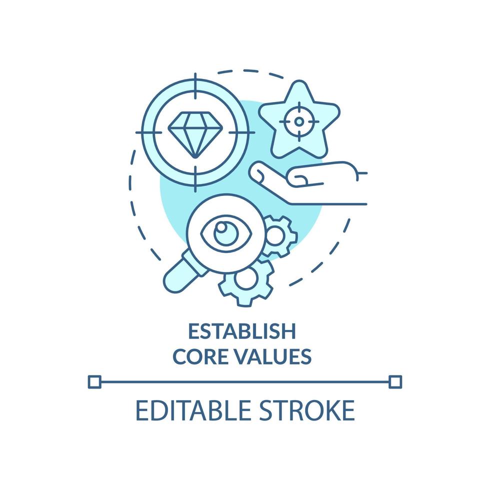 Symbol für das türkisfarbene Konzept der Grundwerte festlegen. geschäftstransparenz moral abstrakte idee dünne linie illustration. isolierte Umrisszeichnung. editierbarer Strich. Roboto-Medium, unzählige pro-fette Schriftarten verwendet vektor