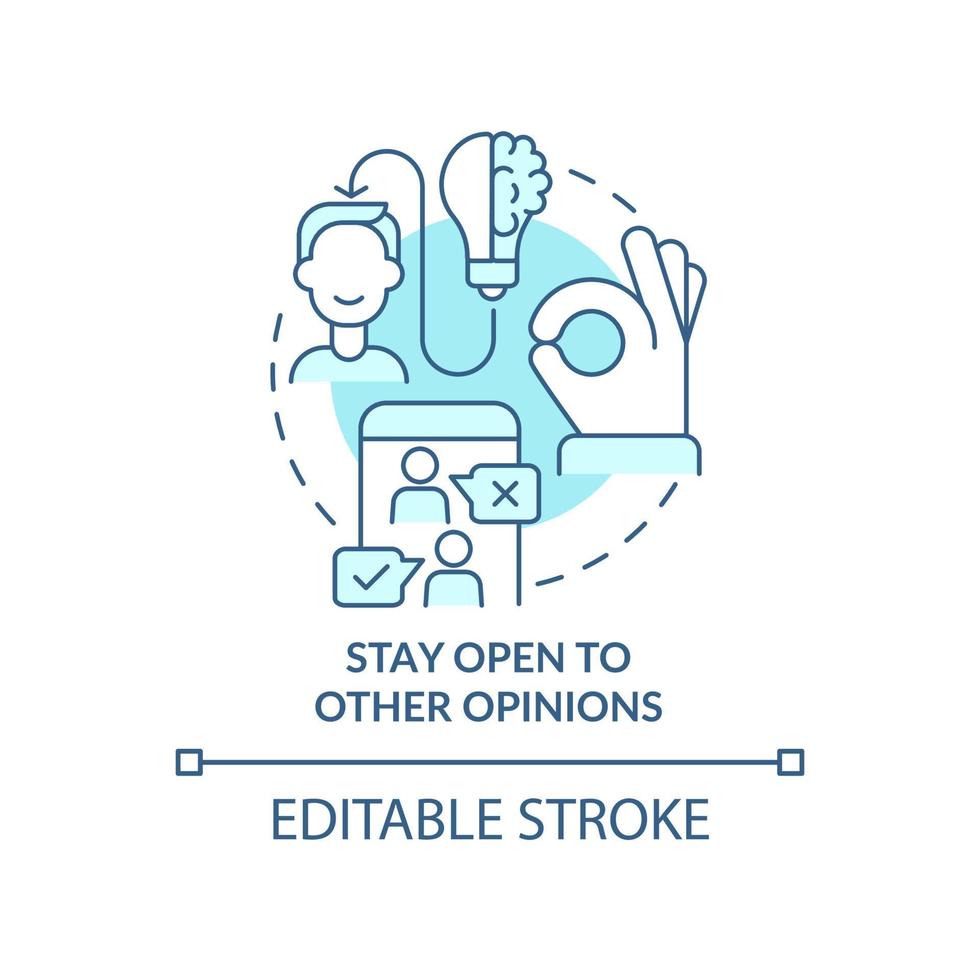 håll dig öppen för andra åsikter turkos konceptikon. öppensinnade partnerskap abstrakt idé tunn linje illustration. isolerade konturritning. redigerbar linje. roboto-medium, otaliga pro-bold typsnitt som används vektor