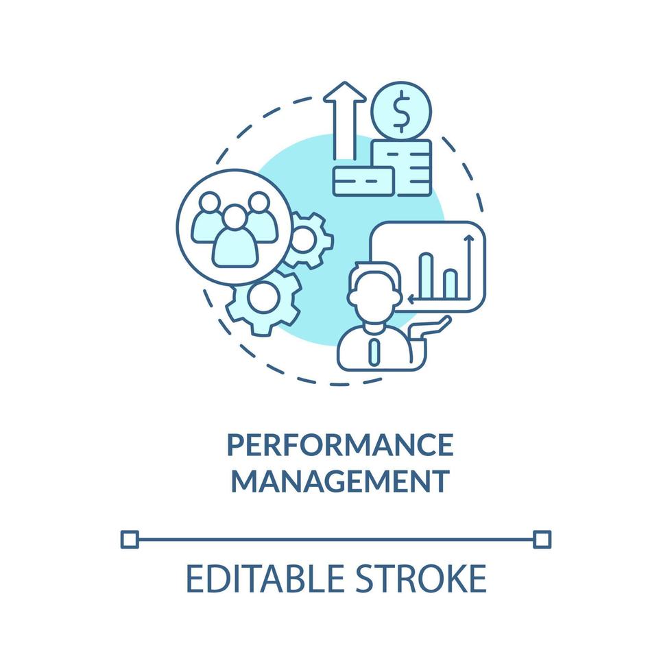 Symbol für das türkisfarbene Konzept des Leistungsmanagements. wichtigsten Produktivitätsindikator. hr abstrakte idee dünne linie illustration. isolierte Umrisszeichnung. editierbarer Strich. Roboto-Medium, unzählige pro-fette Schriftarten verwendet vektor