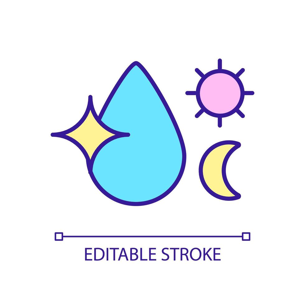 dagtid och natt hud fuktgivande rgb färgikon. skönhetsprocedur och hudvårdsrutin. isolerade vektor illustration. enkel fylld linjeritning. redigerbar linje. arial teckensnitt som används
