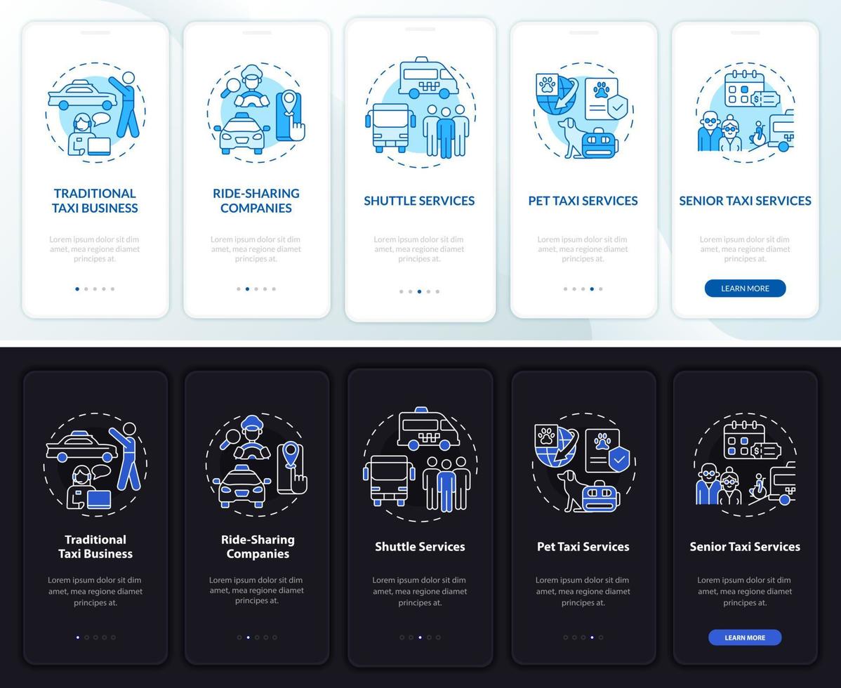 taxiföretagstyper dag- och natttema på mobilappskärmen. frakt genomgång 5 steg grafiska instruktioner sidor med koncept. ui, ux, gui mall. otaliga pro-fet, vanliga typsnitt som används vektor