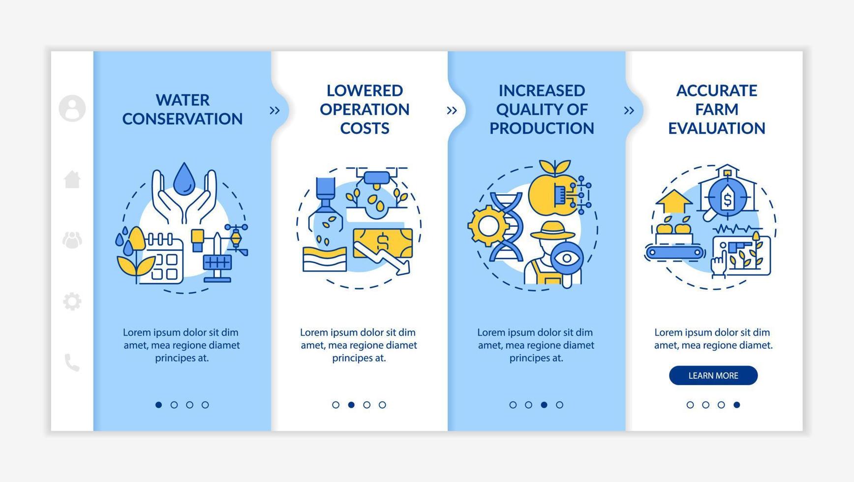 Smart Farming Vorteile blau-weiße Onboarding-Vorlage. Wassererhaltung. Responsive mobile Website mit linearen Konzeptsymbolen. Webseiten-Komplettlösung 4-Schritt-Bildschirme. lato-fett, normale Schriftarten verwendet vektor