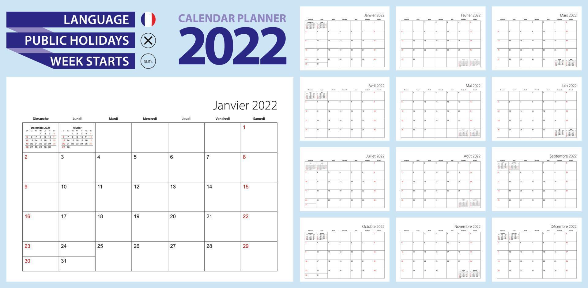 Französischer Kalenderplaner für 2022. Französische Sprache, Woche beginnt am Sonntag. Vektorvorlage. vektor