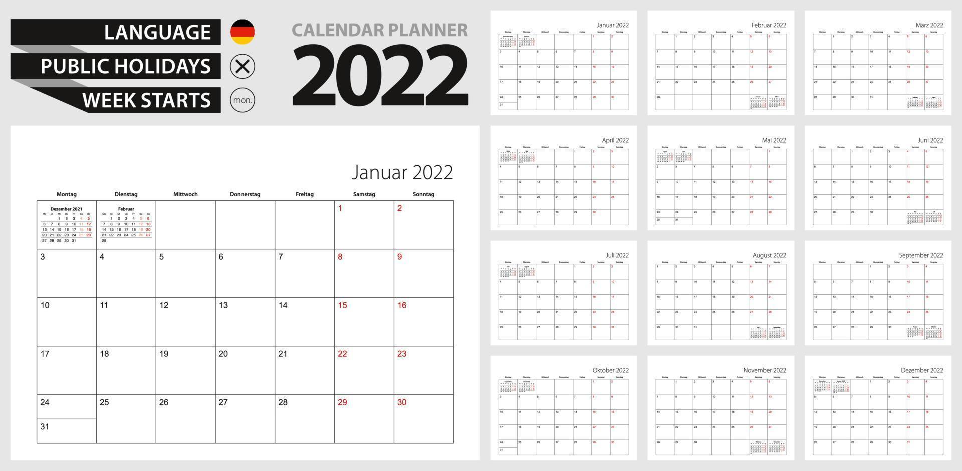 Deutscher Kalenderplaner für 2022. Deutsche Sprache, Woche beginnt am Montag. vektor