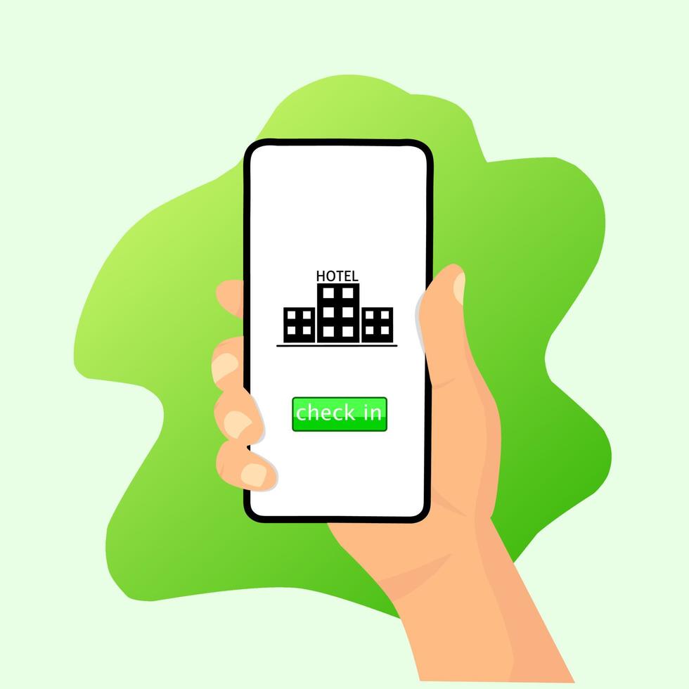 illustration vektorgrafik platt design av, händer som håller smartphone med incheckning hotell på skärmen, perfekt för mobilapplikationskoncept vektor