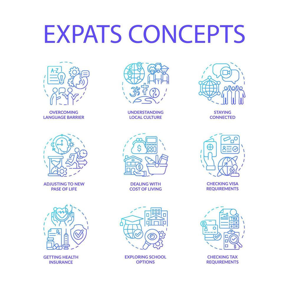 Expats blaue Gradienten-Konzeptsymbole gesetzt. Auswanderungsidee dünne Linienfarbillustrationen. wegen Job und Wohnen umziehen. Wohnsitzland ändern. neue Sprache. Vektor isolierte Umrisszeichnungen