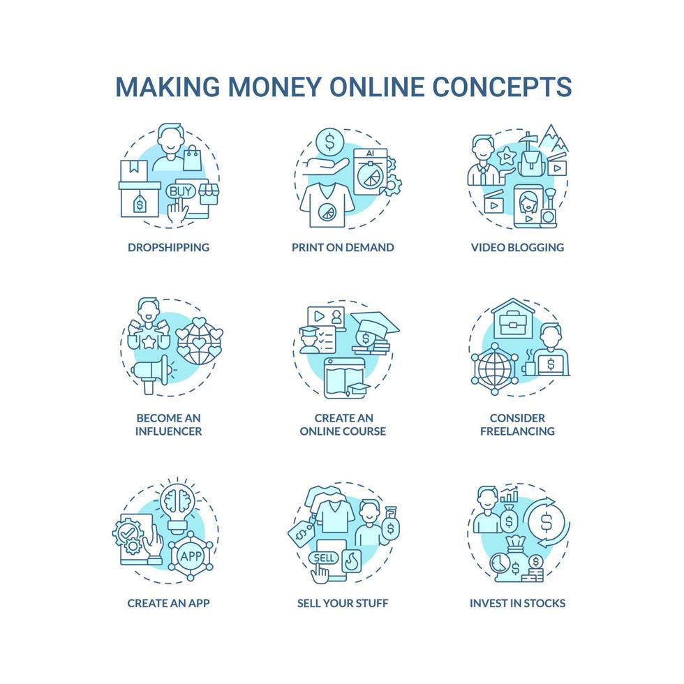 tjäna pengar online blå koncept ikoner set. digital entreprenörskap idé tunn linje färgillustrationer. bli influencer. sälja egna saker. vektor isolerade konturritningar. redigerbar linje