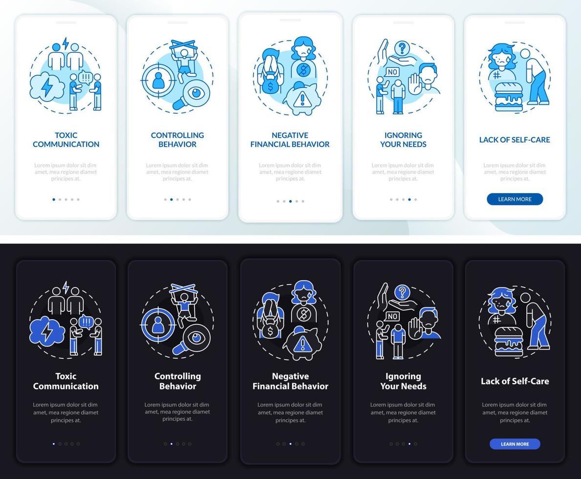 Toxizitätszeichen beim Onboarding auf der Seite der mobilen App. Fehlende Selbstfürsorge Walkthrough 5 Schritte grafische Anleitungen mit Konzepten. ui, ux, gui-vektorvorlage mit linearen nacht- und tagmodusillustrationen vektor