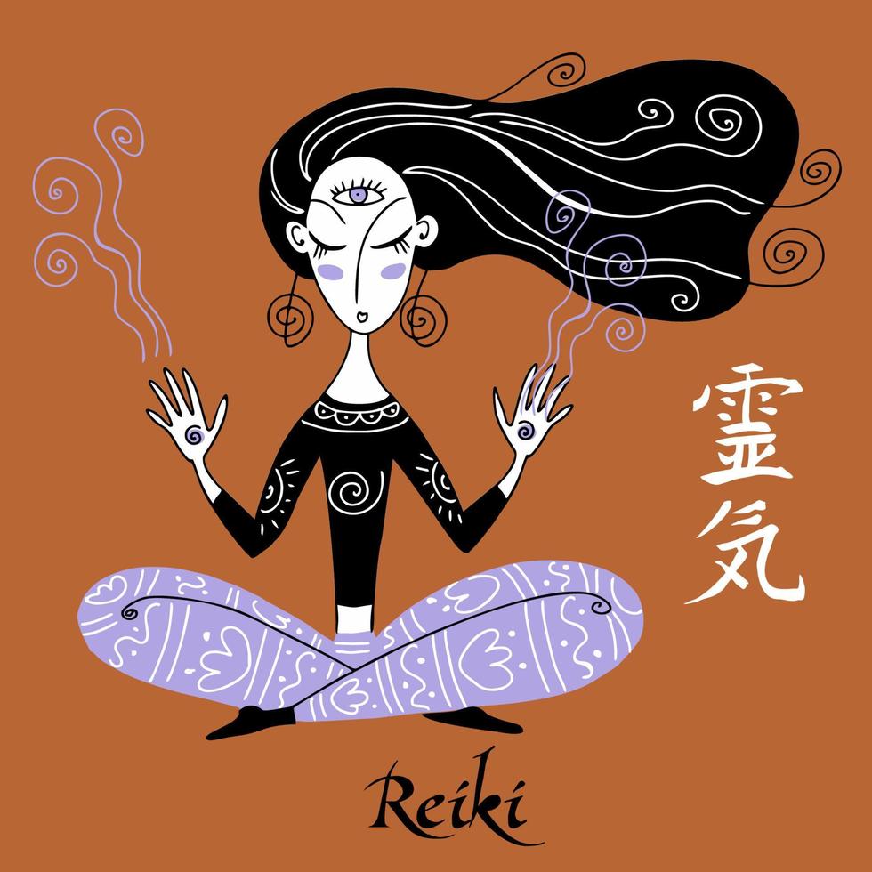 Reiki-Heilung. Ein Mädchen im Lotussitz führt eine Reiki-Sitzung durch. Vektor. vektor