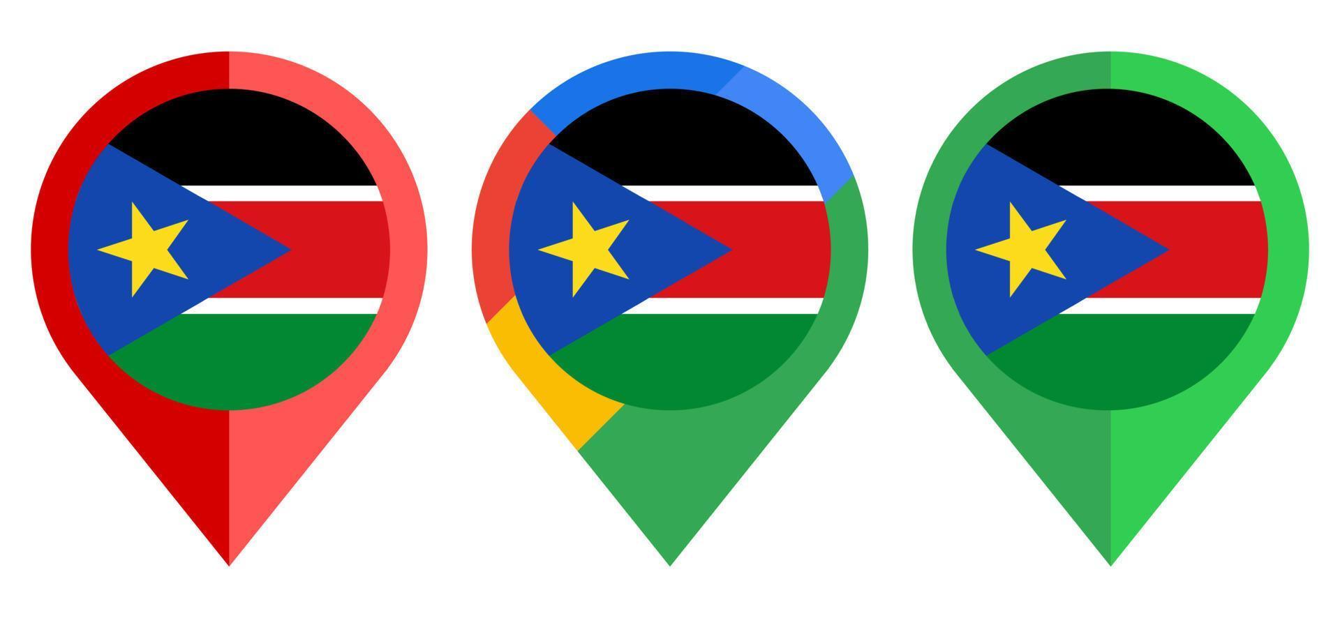 platt kartmarkör ikon med södra sudan flagga isolerad på vit bakgrund vektor