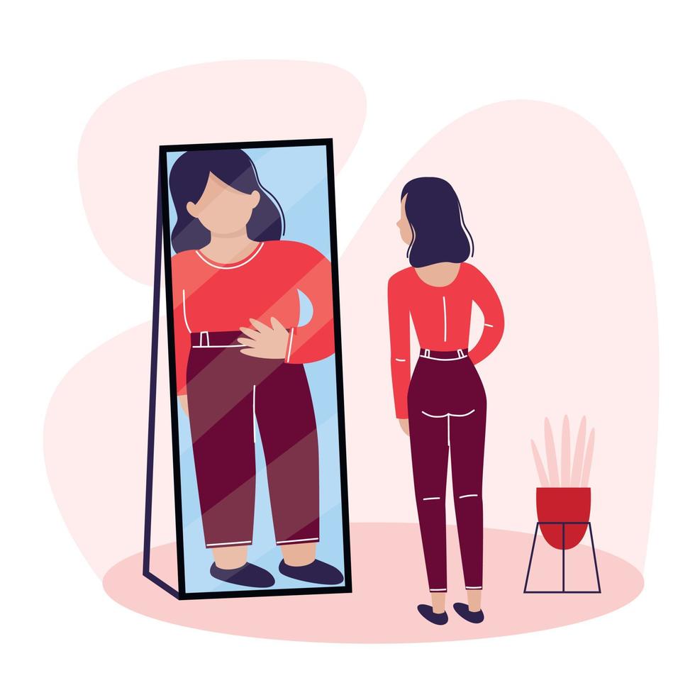 en smal ung kvinna tittar i spegeln och ser sig själv som överviktig. ätstörning, anorexi eller bulimi koncept. vektor illustration.