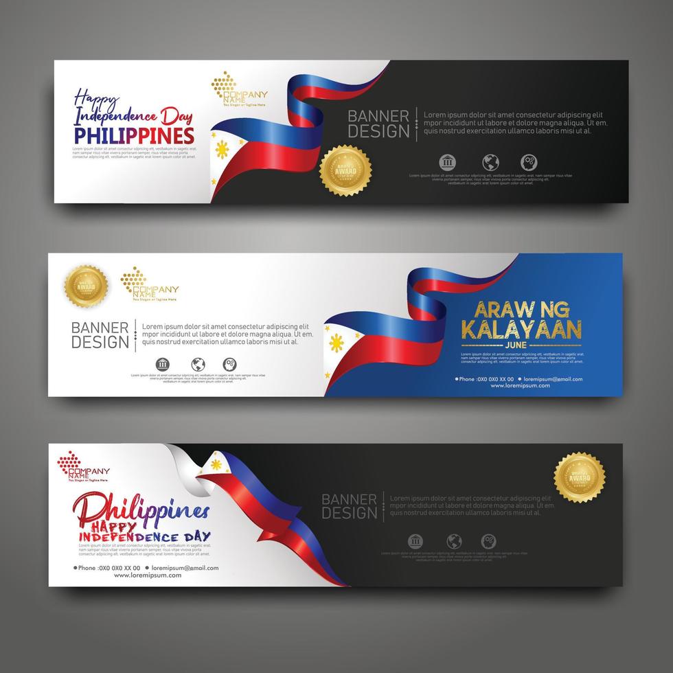 ställa in horisontella banner formgivningsmall. glad självständighetsdagen Filippinerna modern bakgrund med bandflagga, guldprisband och siluettstad vektor