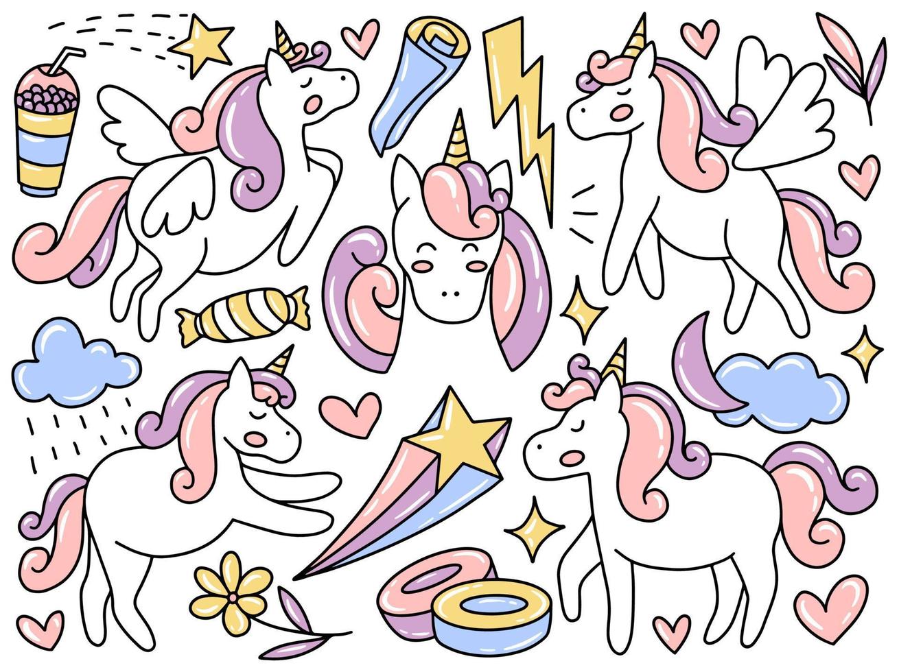 unicorn doodle clip art samling vektor