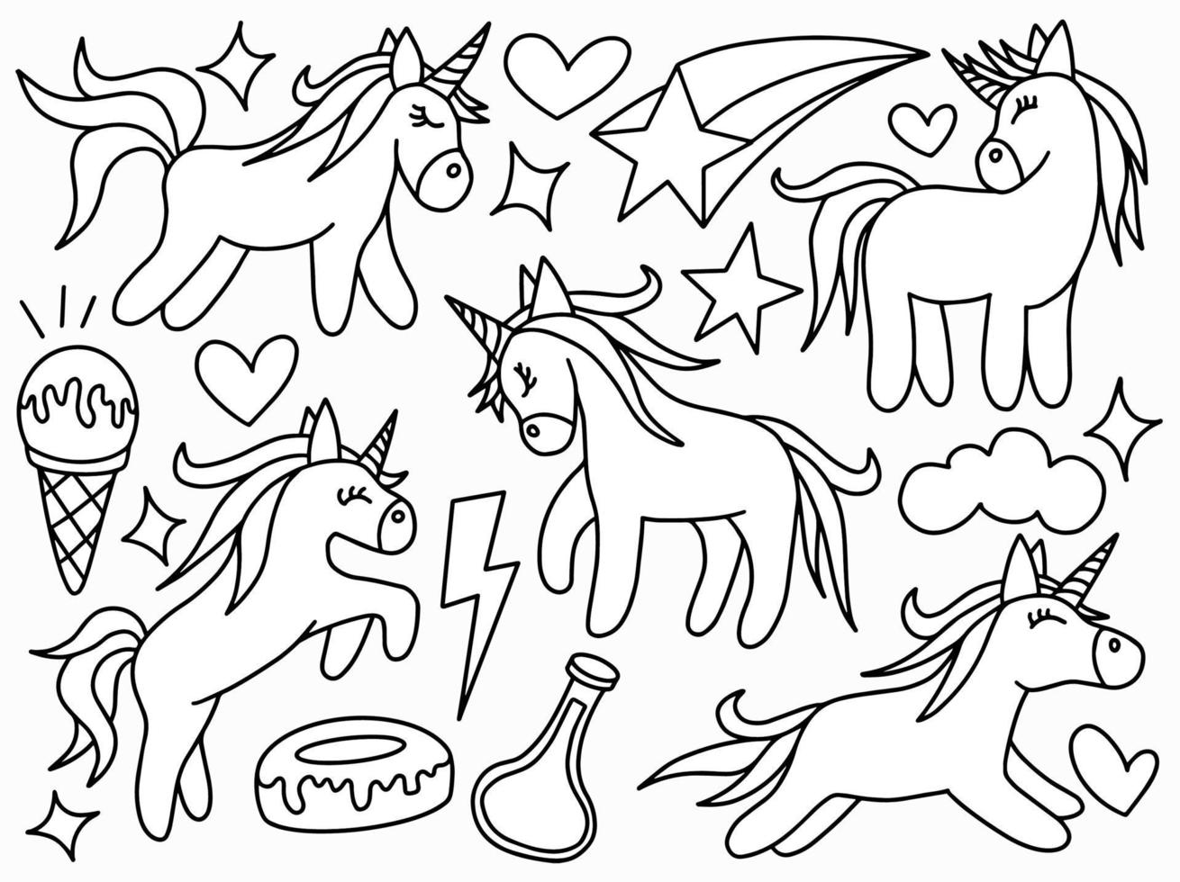 unicorn doodle line art samling vektor