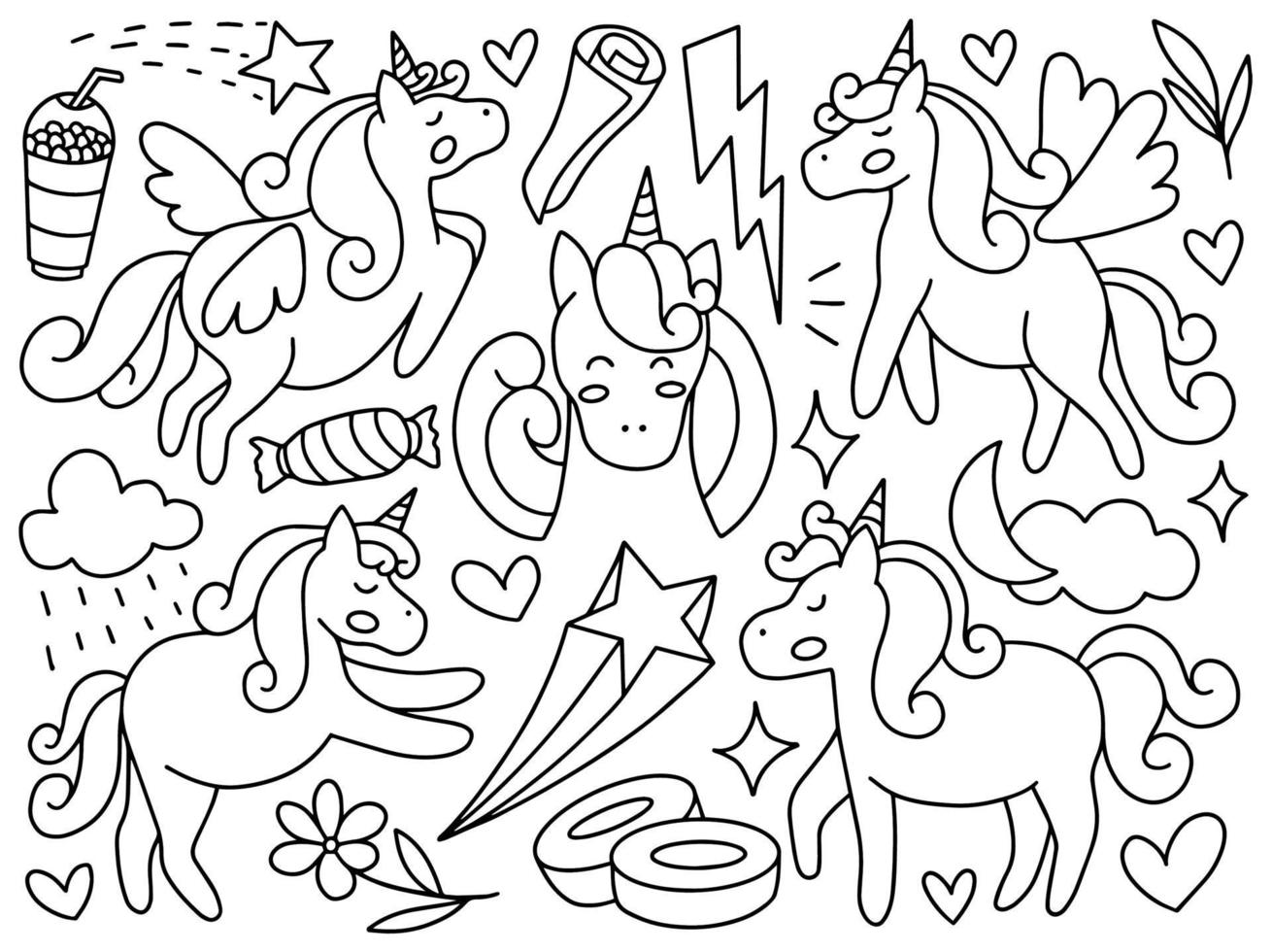 unicorn doodle line art samling vektor