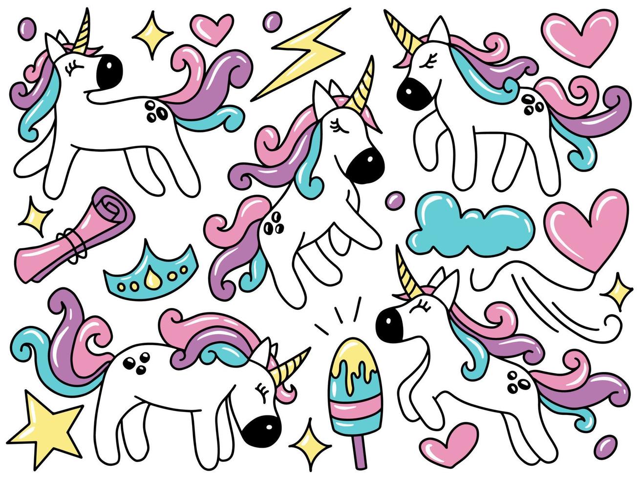 Einhorn-Doodle-Clip-Art-Sammlung vektor