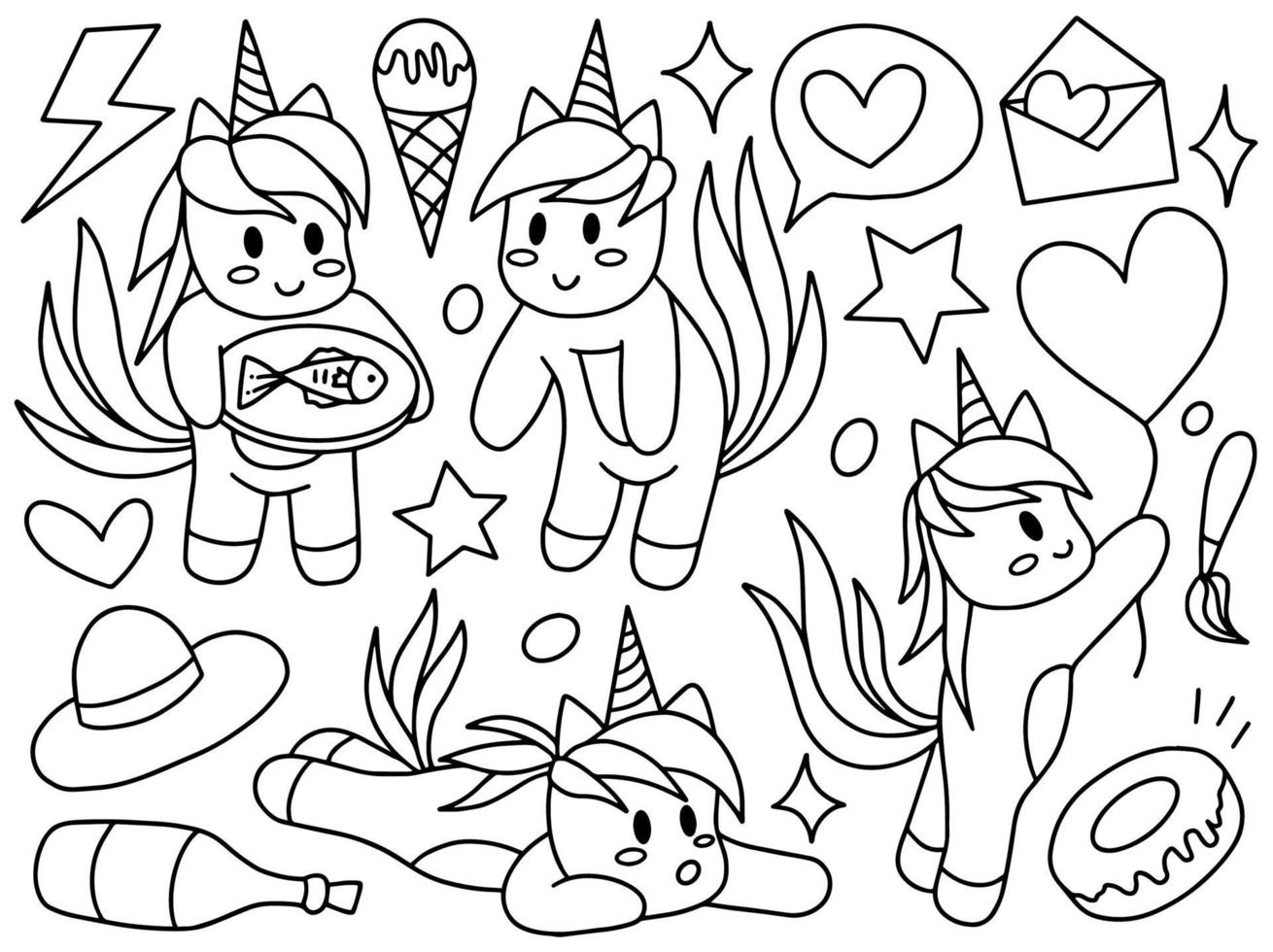 unicorn doodle line art samling vektor