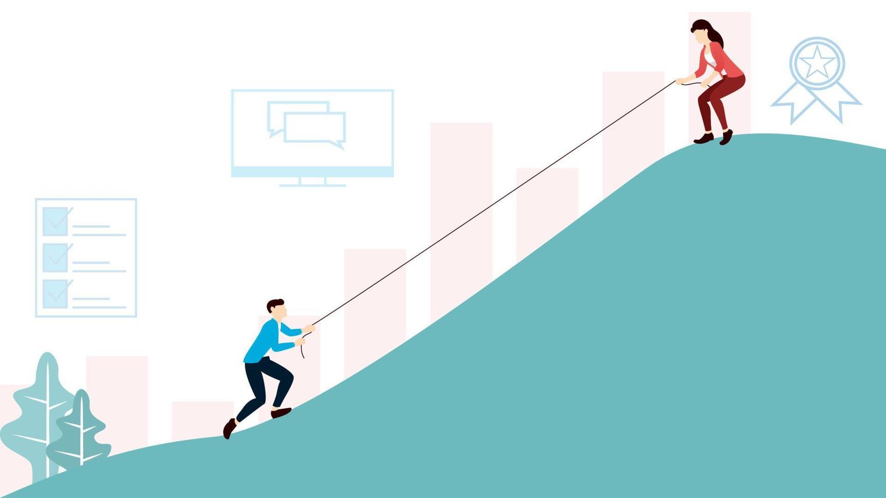 kvinna som hjälper mannen att nå toppen, bra ledare - affärsidévektorillustration på vit bakgrund med objekt som stapeldiagram, uppgiftslista, chatt i monitor och prestationsmärke. vektor