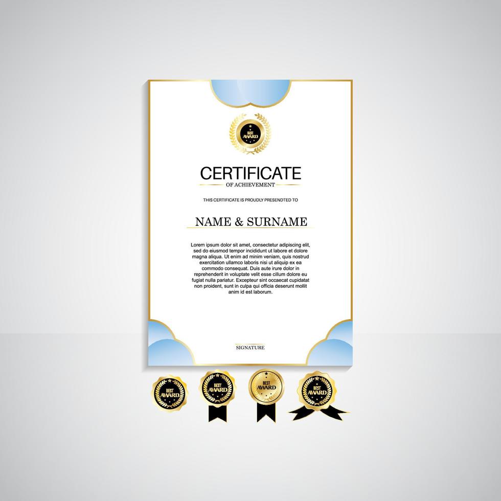 Award-Porträt-Zertifikatsvorlage, goldene und blaue Farben. sauberes modernes zertifikat mit goldabzeichen. zertifikatsrandvorlage mit modernem luxuslinienmuster. Diplom-Vektorvorlage vektor