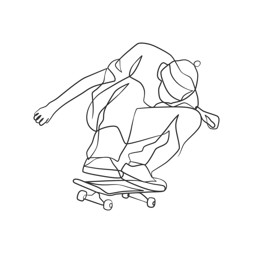 kontinuerlig linjeteckning av man som spelar skateboard vektor
