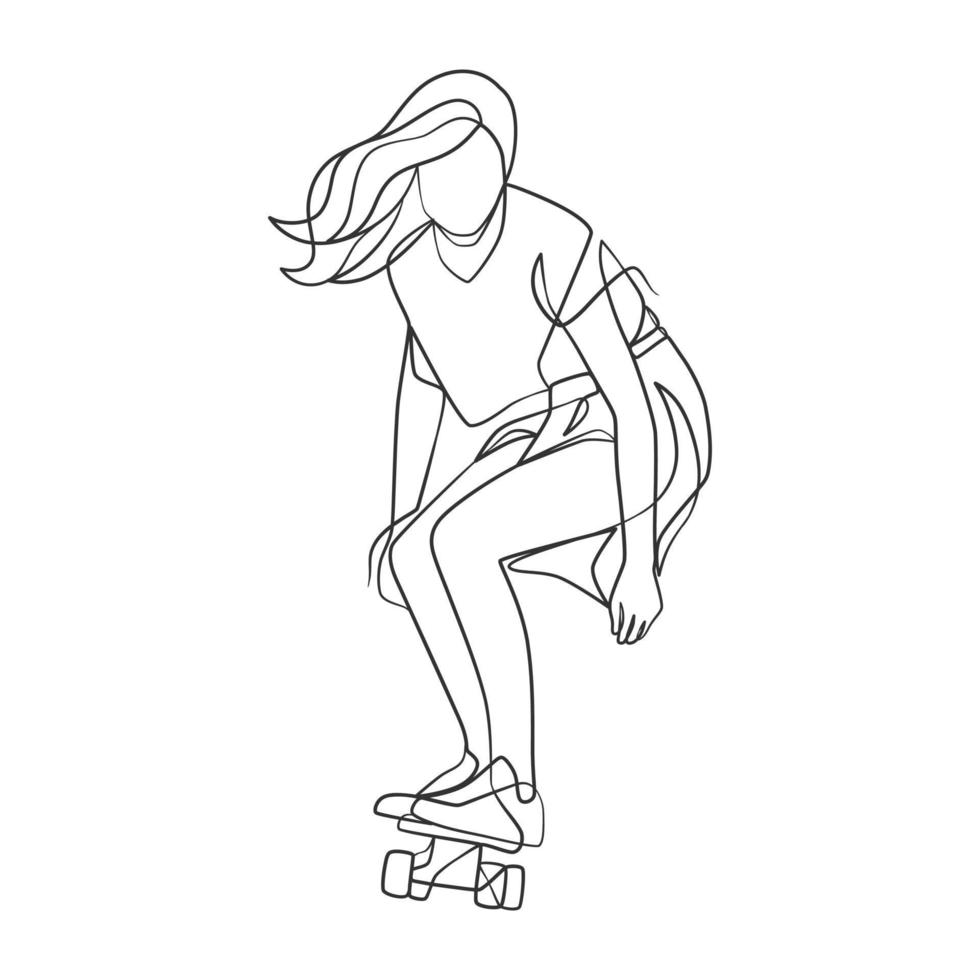 kontinuerlig linjeteckning av flicka som spelar skateboard vektor
