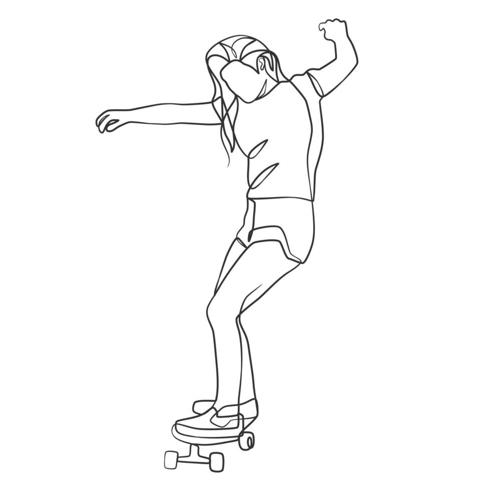 fortlaufende Linienzeichnung eines Mädchens, das Skateboard spielt vektor