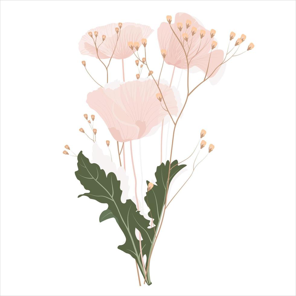 zarte Brautstrauß-Vektor-Lagerillustration. ein Element für eine Hochzeitseinladung. getrennt auf einem weißen Hintergrund. rosa Mohnblüten mit Minzblättern. vektor