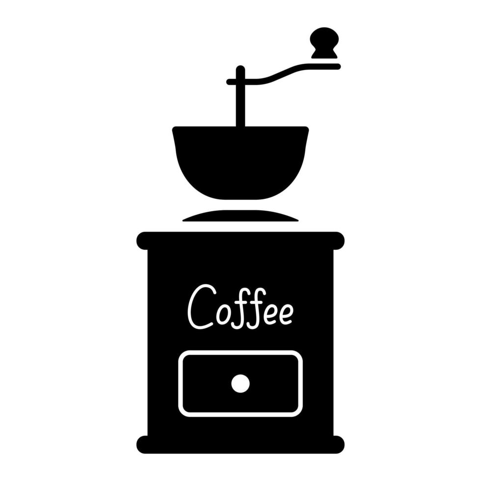 Vintage Kaffeemühle Symbol. Schwarze Retro-Handmaschine, die aromatische Bohnen mit Metallkörper für Espresso und Vektor-Arabica-Mokka mahlt vektor