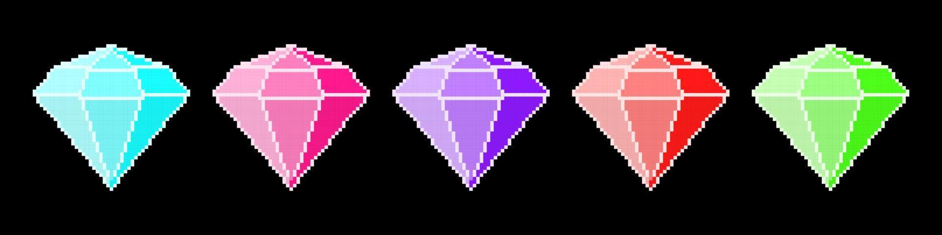 Pixelsymbole mit wertvollen Diamanten. grüner Kristall mit violetten Facetten und rotem Glitzer luxuriöser gelber Schatz für Spiele teure Vektordekorationen vektor