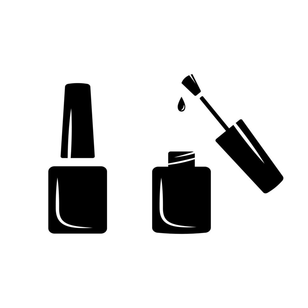 Nagellack mit Pinsel. schwarze ganze und offene flasche mit flüssigkeit für stilvolle malerei modische vektorpflege und kosmetik vektor
