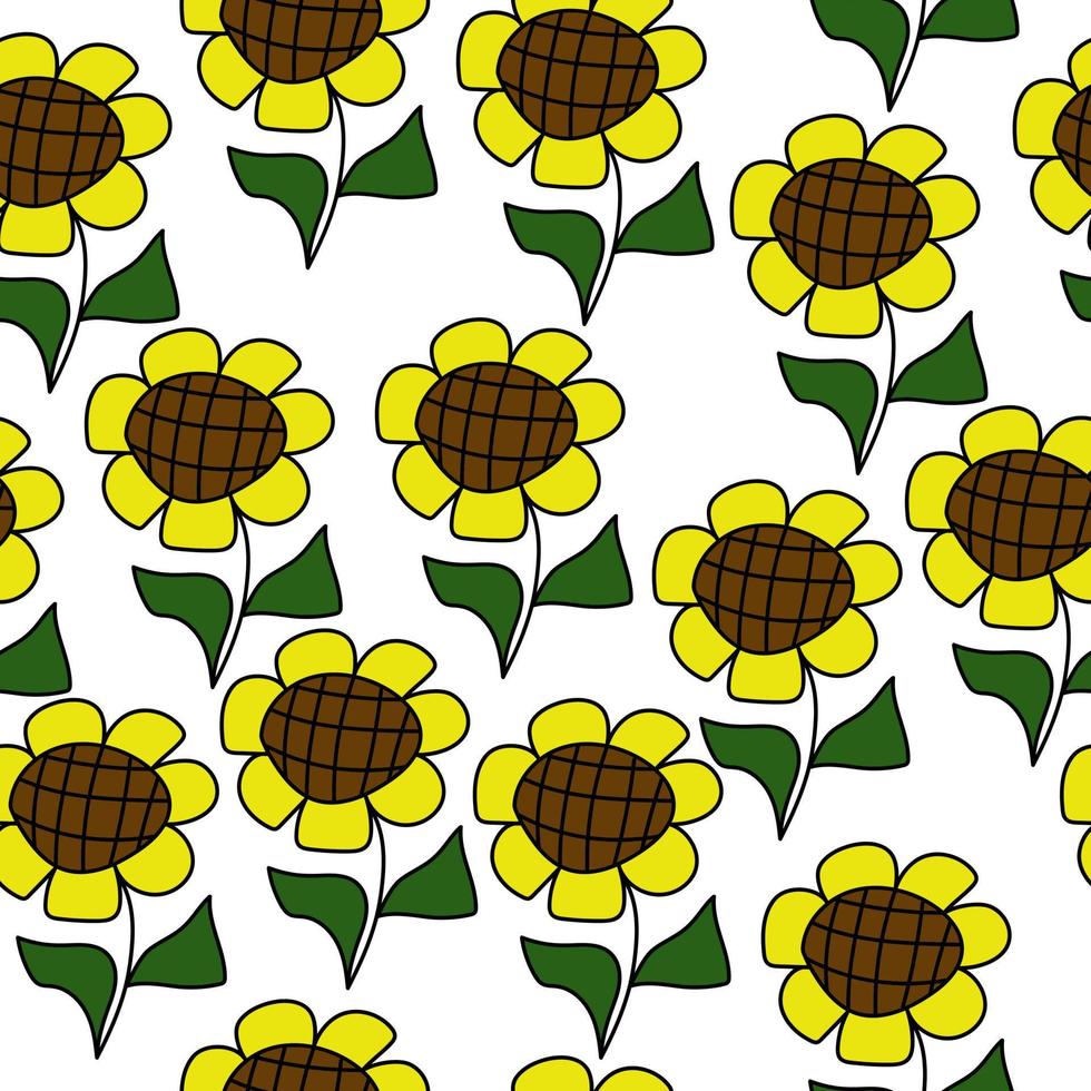 doodle Sonnenblumen nahtlose Muster auf weißem Hintergrund vektor
