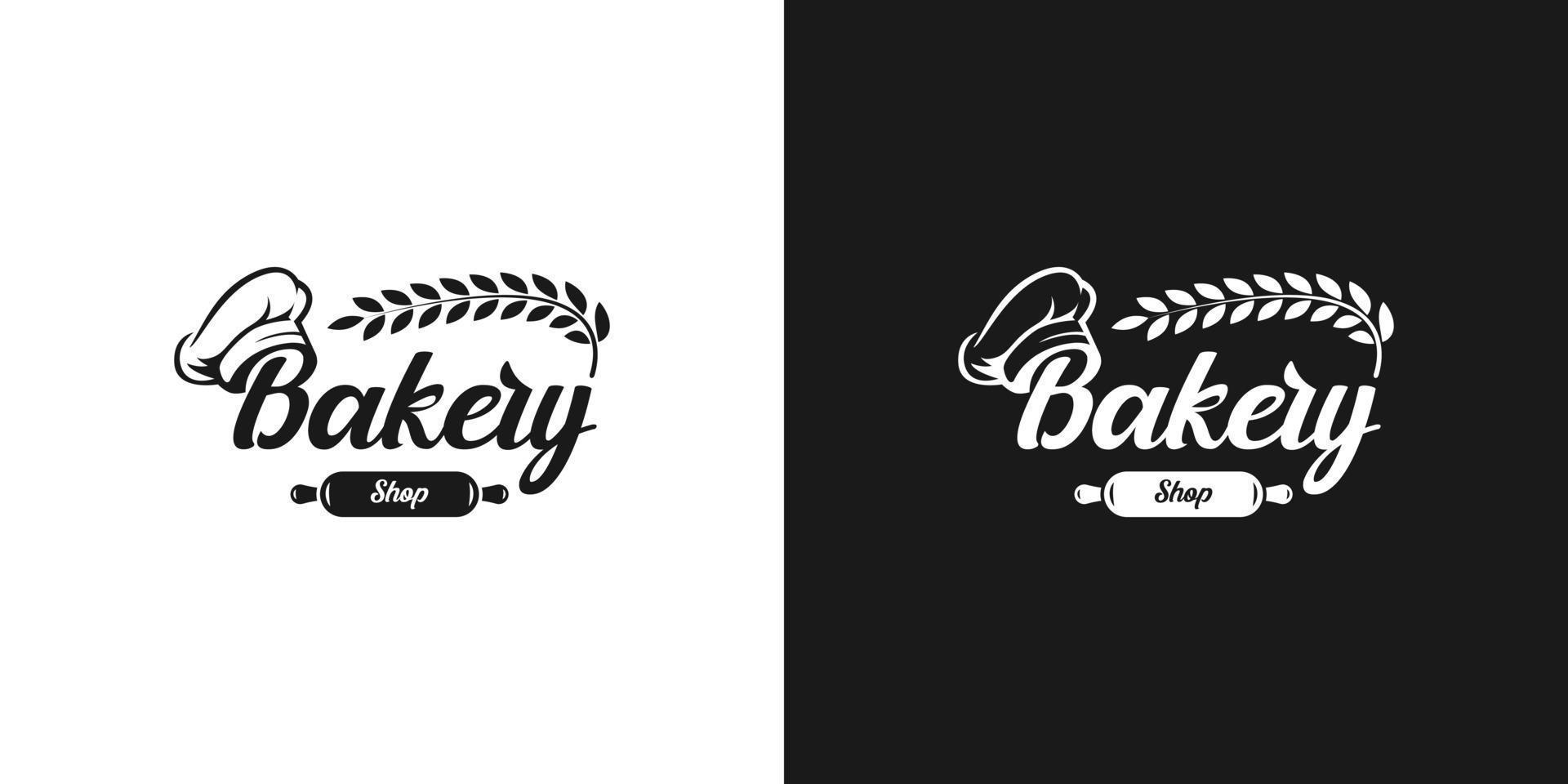 Bäckerei-Logo-Design-Vektor mit Kochmütze, Nudelholz und Weizen vektor