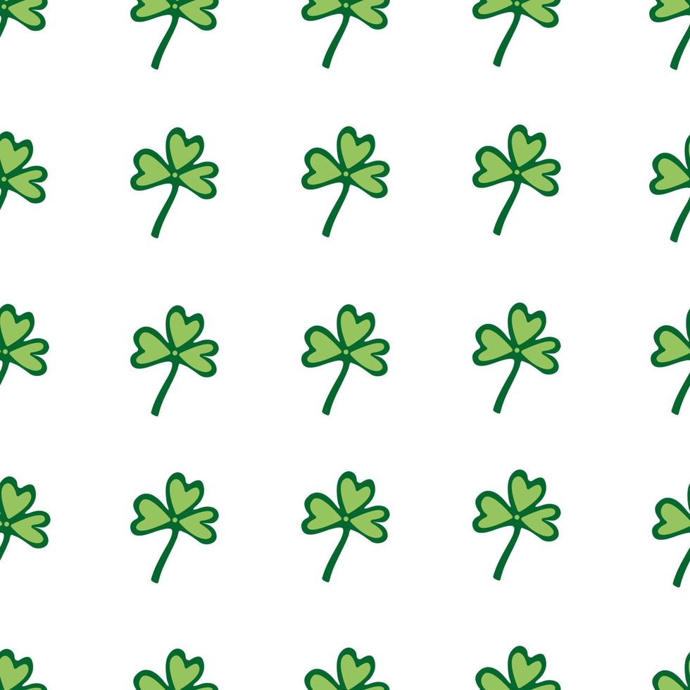 Nahtloses Muster mit grünen Kleeblättern auf weißem Hintergrund. Vektorillustration, flaches Design. Glückssymbol, Charme. vektor